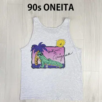 90s USA 제작 ONEITA 밑단 싱글 스티치 탱크탑 선인장