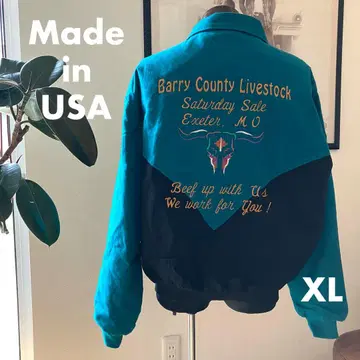 90's Made in USA 자수 코튼 블루종 XL 청록색 x 블랙