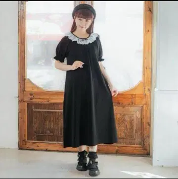 시마무라 x 아오키 미사코 레이스 달린 옷깃 블랙 원피스 반팔