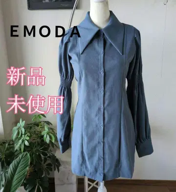 [미사용 새상품] 에모다 빅 카라 셔츠 원피스 코듀로이, 탁한 블루