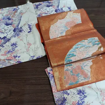 새상품급 USED 오렌지 컬러 후쿠로 오비 꽃무늬 센스 문양
