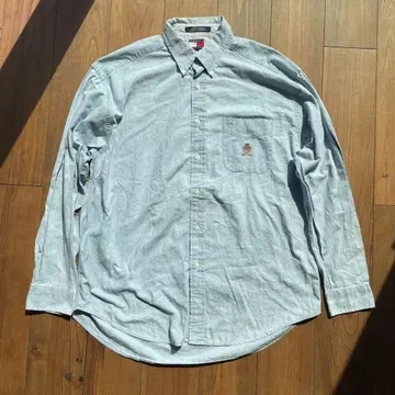 TOMMY HILFIGER 데님 색상 로고 자수 버튼 다운 셔츠 L
