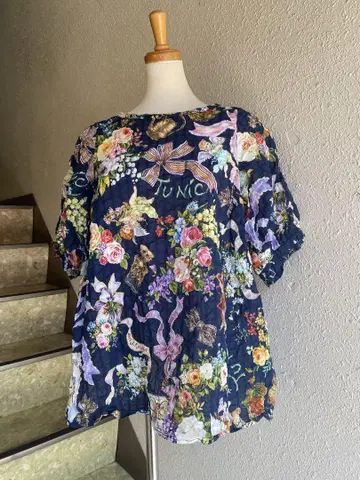 Tunic 카모이 요코 퍼프 슬리브 블라우스 티셔츠 꽃 천사