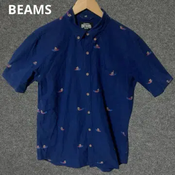 BEAMS 네이비 반팔 셔츠 서핑 자수