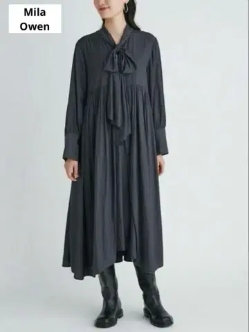 미라 오웬 종아리 기장 밑단 테일 개더 보타이 원피스