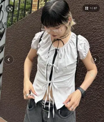 JEANASIS 프론트 리본 프렌치 슬리브 셔츠 블라우스