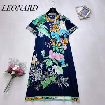 고급 LEONARD 레오나르 원피스 트림 꽃무늬 반팔 코튼 L