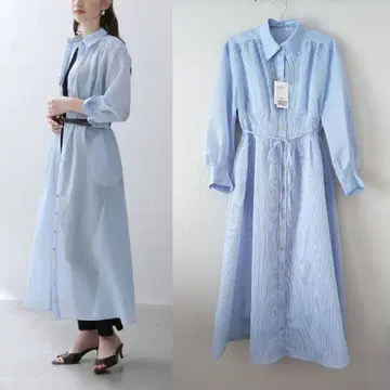 25SS 라 토탈리테 세탁 가능한 턱 셔츠 원피스 스트라이프 블루 36