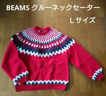 BEAMS 코튼 니트 기하학 패턴 빨간색 크루넥 스웨터 L 사이즈