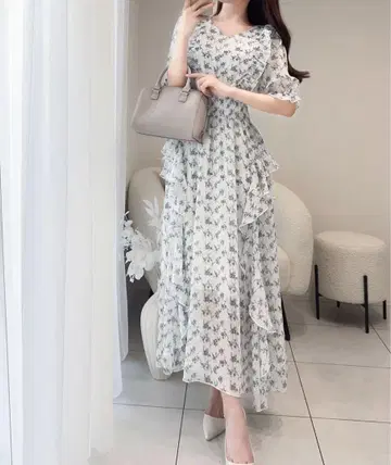 mily bilet 꽃무늬 사이드 프릴 V넥 시어 원피스