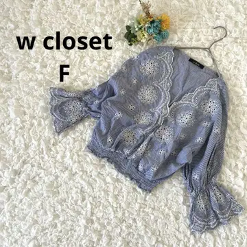 w closet 블라우스 아소트 패턴 스캘럽 자수 블루 스트라이프 F