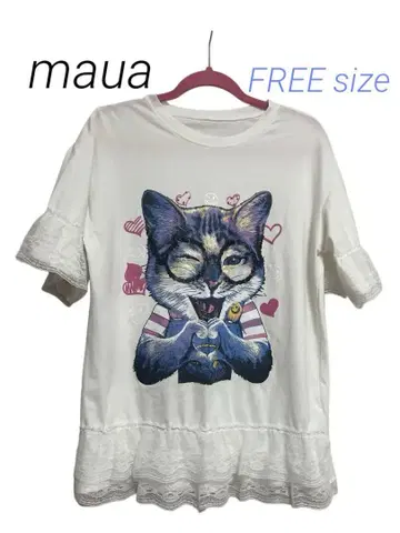 [여성용] maua 고양이 프린트 반팔 프릴 티셔츠