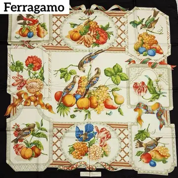 Ferragamo 스카프 대형 새 꽃 후르츠 실크 블랙