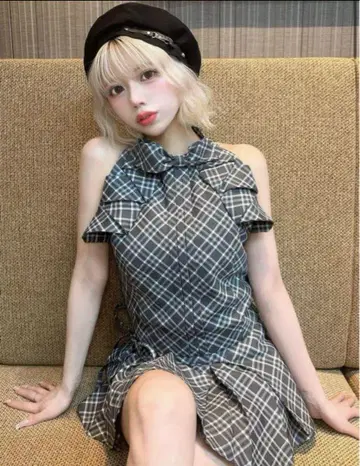 Darich 리본 체크 슬리브리스 블라우스