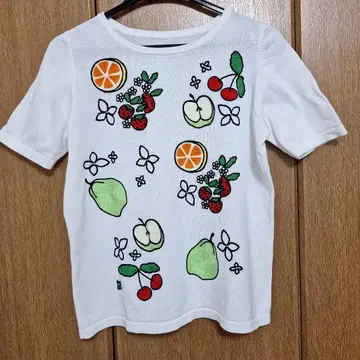 49AV.Junko Shimada 후르츠 패턴 자수 반팔 면 니트 탑