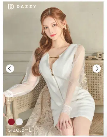 DAZZY 프론트 지퍼 비쥬 홀 허리 시어 긴팔 타이트 미니 드레스