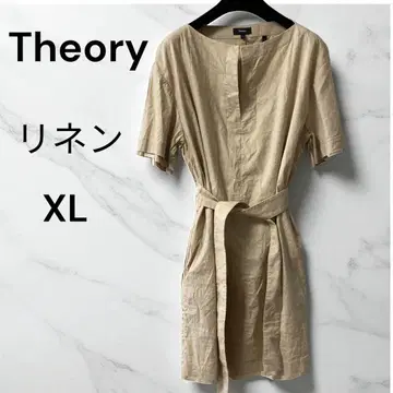 Theory 띠어리 무릎 기장 원피스 반팔 리본 베이지 린넨 XL