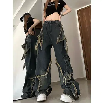 별 디자인 데미지 데님 데님 팬츠