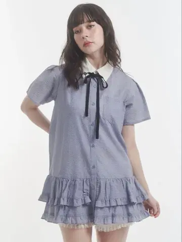 jouetie 리본 타이 헴 프릴 튜닉 셔츠