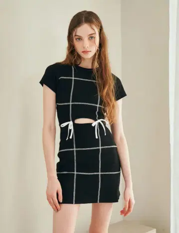 스티치 리본 리브 미니 원피스 BLK 블랙 다리치 미니원피스