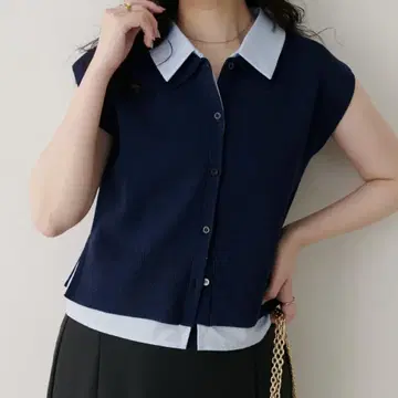 내추럴 꾸뛰르 페이크 레이어드 카라 슬리브리스 가디건