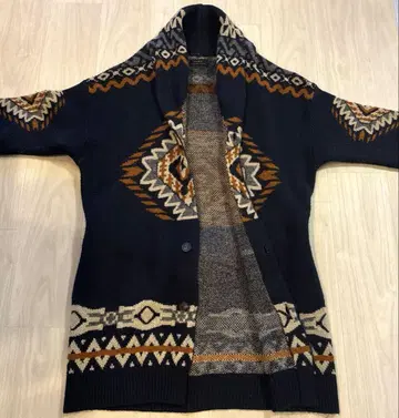 [ ZARA ] 니트 가디건 기하학 패턴 네이비 x 오렌지 x 화이트