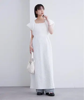 화이트 백 V넥 롱 원피스