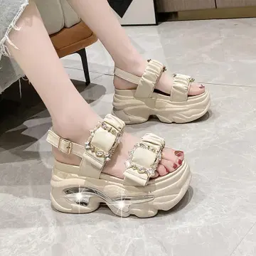여성용 비쥬 장식 통굽 샌들 여성용 여름 신발 베이지색
