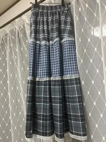 롱 스커트 이어붙이기 체크 레이스 패치워크 모리걸 파랑