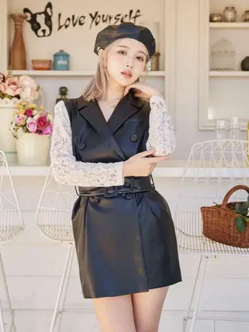 darich 레이스 콤비 가죽 자켓 화이트