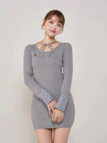 Darich 체크 리본 니트 미니 원피스