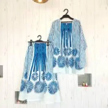 키르키 파랑과 화이트 스트라이프 꽃무늬 롱 스커트 인도