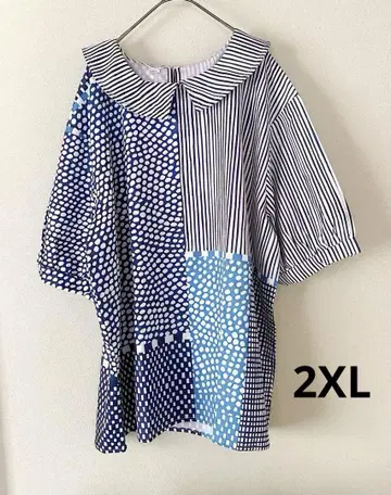 미사용 2XL 패치워크풍 반팔 블라우스 풀오버 블라우스 빅 사이즈