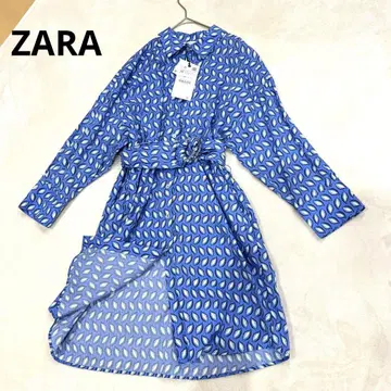 ZARA 셔츠 원피스 튜닉 면 100% 리프 무늬 블루 미사용 새상품