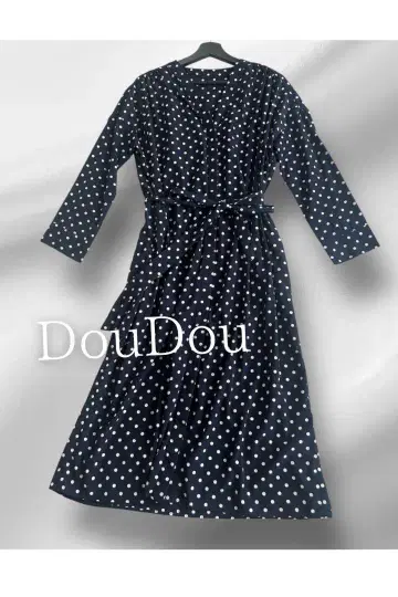 DouDou 네이비 도트 무늬 긴팔 원피스