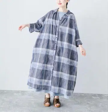 LUPILIEN 린넨 라이크 셔츠 원피스 네이비 체크