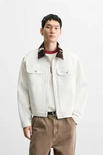 ZARA 자라 애니멀 프린트 패턴 카라 부착 데님 자켓 XL 완판템