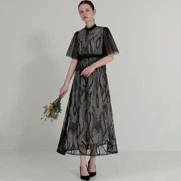 LEJA 볼레로 레이스 자수 프티 하이넥 허리 마크 셋업 원피스