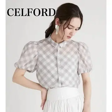 CELFORD 셀포드 시어 블라우스 반팔 체크 퍼프 슬리브