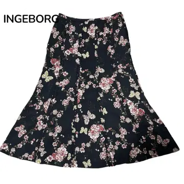 새상품급 INGEBORG 롱 스커트 블랙 꽃무늬 프릴 맥시 기장 L