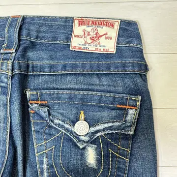 TRUE RELIGION 플레어 데님 데미지 가공 다크 블루