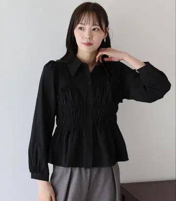 블랙 프릴 개더 셔츠 긴팔