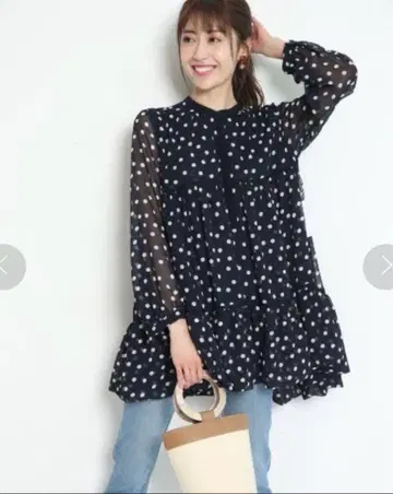 물방울 패턴 시스루 튜닉 긴팔 네이비