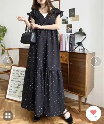 도트 무늬 프릴 소매 롱 원피스 여름 블랙