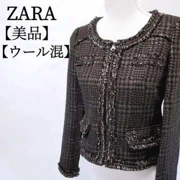 [새상품급] ZARA 울 하운드투스 크롭 기장 체인 노카라 자켓