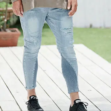 CAMBIO 밑단 리브 데미지 리페어 데님 팬츠 인디고 라이트