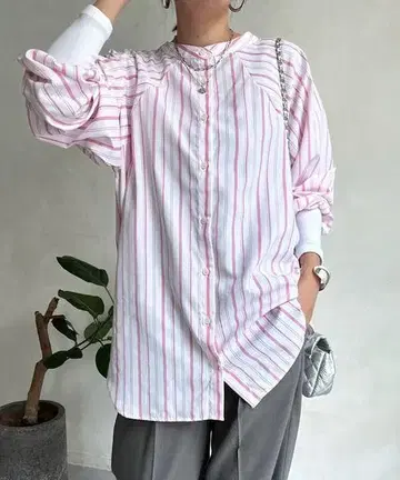 DouDou 핑크 스트라이프 긴팔 블라우스