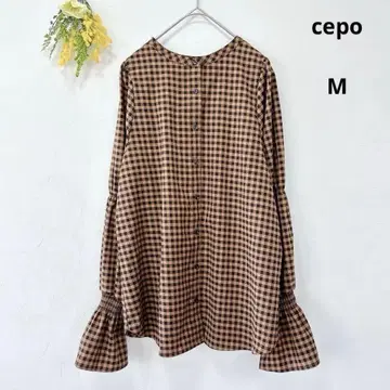 새상품급 cepo 깅엄 체크 노카라 블라우스 M 소매 프릴 오렌지 계열