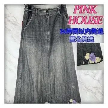 PINK HOUSE 블랙 데님 롱 스커트 강아지 자수