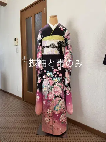 후리소데 꽃무늬 블랙 핑크 오비 포함